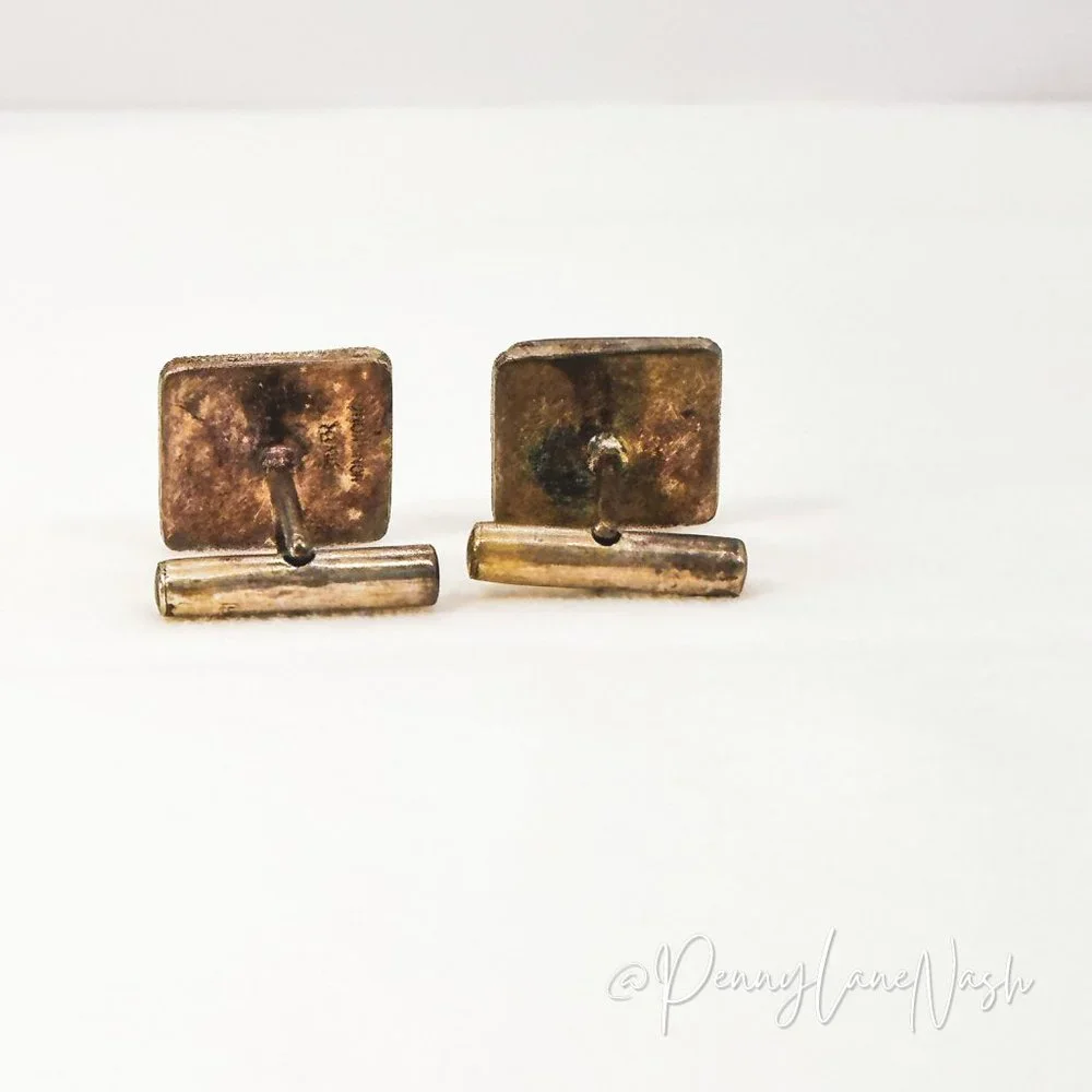 Vintage Silver Chinese Symbols on Off White Gem Cuff Links